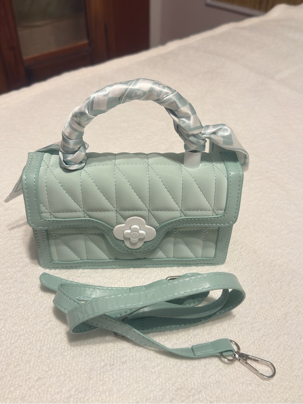 Mint Quilted Mini Top-Handle Bag with Floral Clasp - Picture 8 of 8